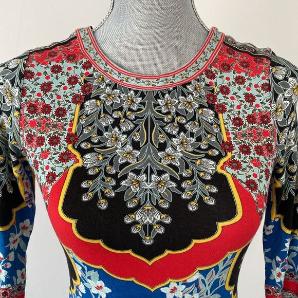 Alice + Olivia FLORAL CREWNECK MIDI DRESS size 2 Stretch Boho Feminine Vacation - Picture 4 of 16